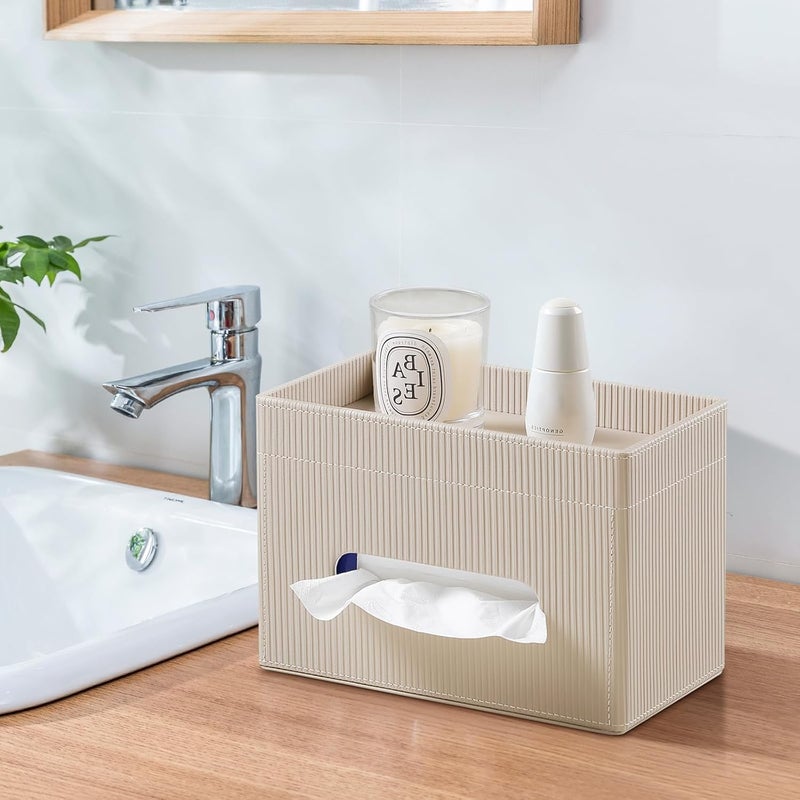 Cretkhp Tissue Box Cover Rectangle with Storage Tray, PU Leather Tissue Holder for Bathroom Vanity Countertop Night Stands Bedroom Office Desk, Stylish Rectangular Tissue Box Holder (Beige) - Image 5